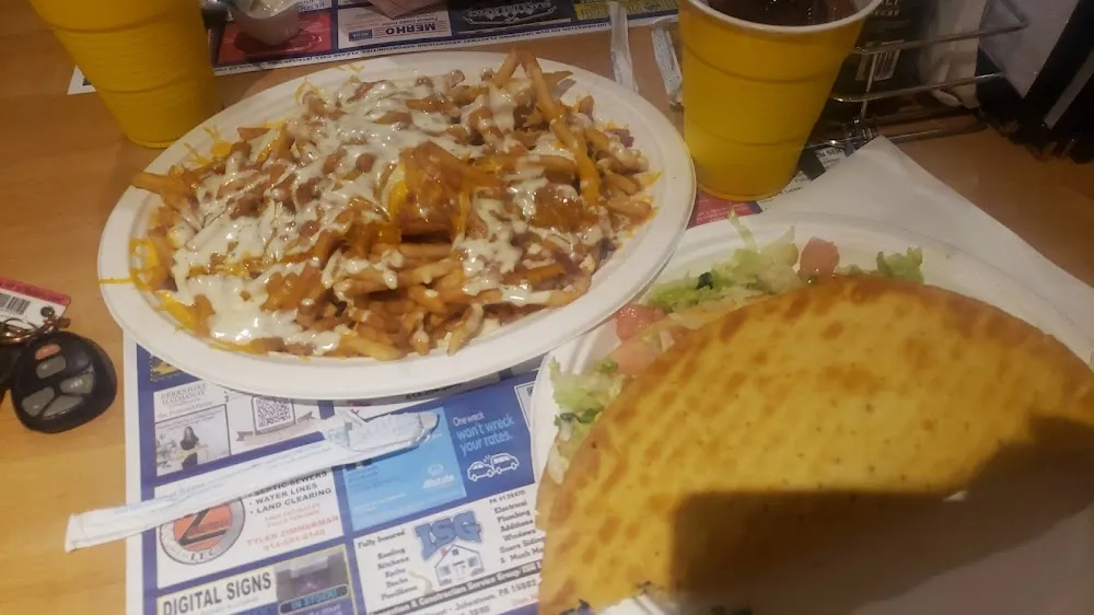 Beach by Dam Fries and a Grilled Chicken Taco Served on a Large Homemade Shell